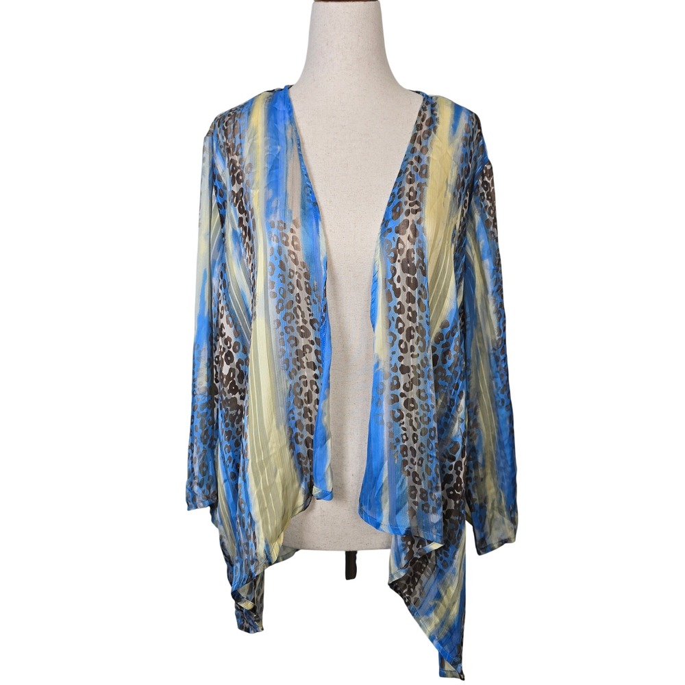 Chico's Blue Leopard Print Open Front Kimono Cardigan Sheer Sharkbite Hem Size 3